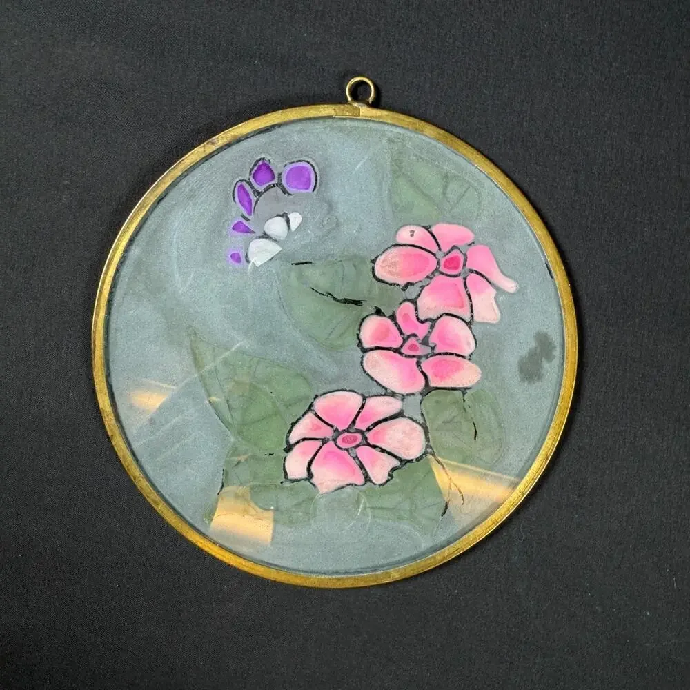 Lot of 4 Handcrafted Chartray Glass Art Panels (USA) Vintage flowers bird